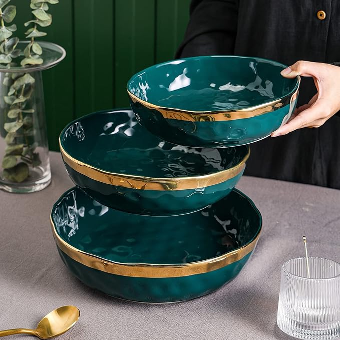 Stone Lain Florian Porcelain 3-Piece Round Shallow Bowl Service Set, Green with Gold Rim