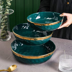 Stone Lain Florian Porcelain 3-Piece Round Shallow Bowl Service Set, Green with Gold Rim