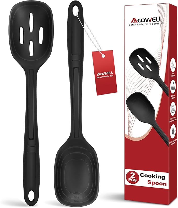 2 Pack Large Silicone Cooking Spoon with Measuring Mark, Premium Non-Stick Solid and Slotted Serving Spoons Set, Heat Resistant Kitchen Utensils for Mixing, Stirring, Scooping, Scraping