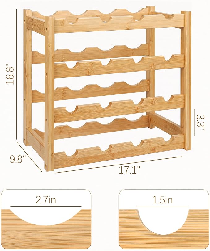 VASMIA Wine Rack, 4-Tier Bamboo Wine Racks Countertop,Sturdy and Durable Wine Storage Cabinet Shelf,16 Bottles Wine Holder for Kitchen Pantry, Natural