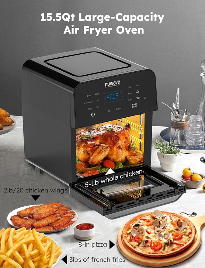 Nuwave Brio 15.5Qt Air Fryer Rotisserie Oven, X-Large Family Size, Powerful 1800W, 4 Rack Positions, 50°-425°F Temp Controls, 100 Presets & 50 Memory, Integrated Smart Thermometer, Linear T Technology