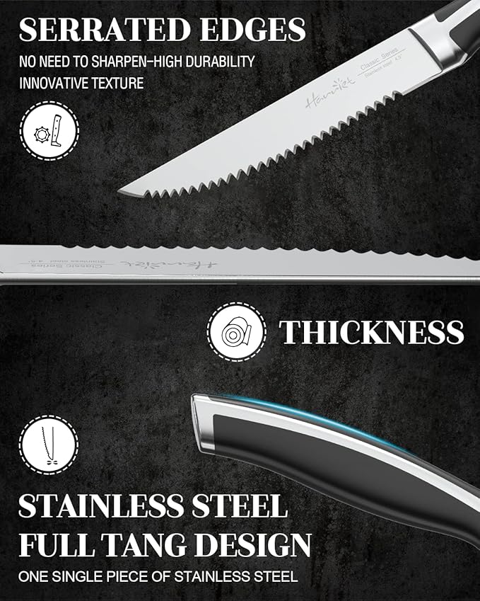harriet Steak Knives Set of 8, 4.5" Steak Knives, Full Tang Premium Stainless Steel Serrated Steak Knives Set with Gift Box, Dinner Knives, Midnight Black Handle