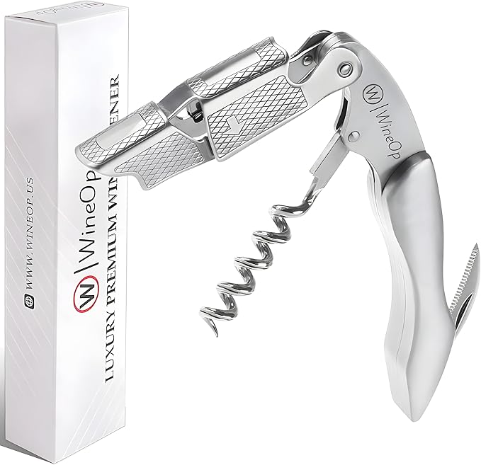 WineOp Professional Wine Opener Luxury Double Hinged Waiter's Corkscrew Wine Bottle Key - Cork screwer for Servers, Bartenders, Sommelier and Home Use | All-In-One Stainless Steel (Silver Handle)