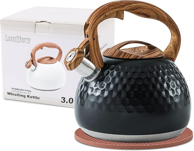 LONFFERY Tea Kettle for Stove Top, 3 Quart Whistling Tea Kettle, with Food Grade Stainless Steel and Wood Pattern Folding Handle, Black