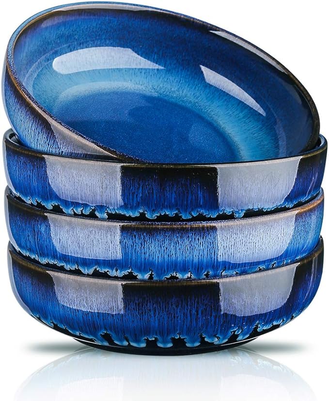 KOOV Ceramic Bowl, 46 OZ Pasta Bowls Set of 4, Large Salad Bowl Set, Dinner Bowls, Stackable Serving Bowls, Reactive Glaze Series (Nebule Blue)
