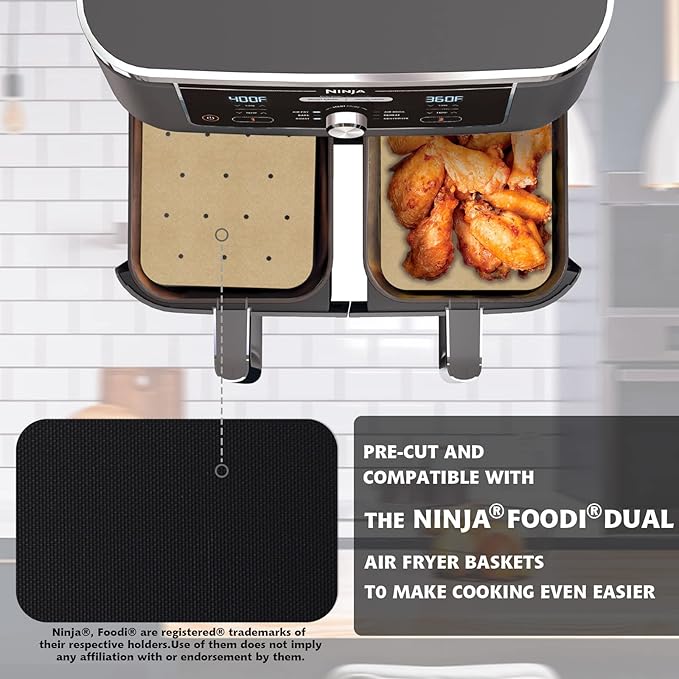 WMKGG Rectangular Air Fryer Parchment Paper, 200 PCS Disposable Perforated Air Fryer Liners with 2 Grilling Mat for Ninja DZ201 Foodi 6-in-1 8-qt. 2-Basket