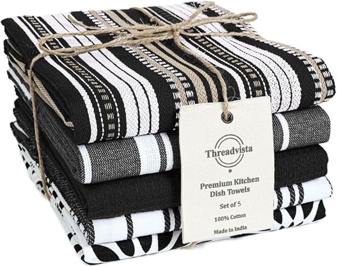 Assorted Kitchen Towels Large 16x26 Inch 100% Cotton Set of 5 - Dish Cloths Towels with Hanging Loop - Soft Absorbent Washable Tea Towels for Kitchen - Quick Drying Dish Towels Black
