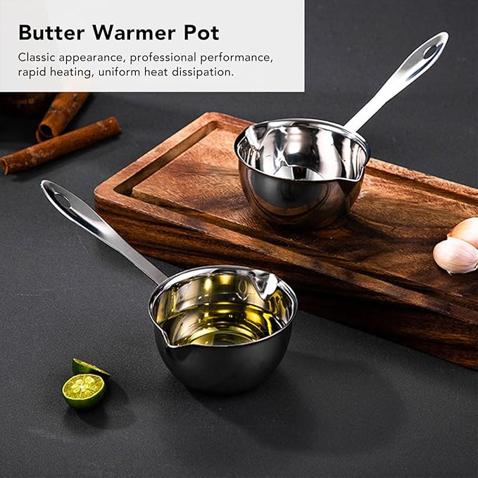 Butter Warmer, Butter warmer Pot Food Grade Stainless Steel Mini Butter Warmer Milk Warmer Coffee Pot Stovetop Chocolate Melting Pan with 2 Pour Spouts Sauce Pan for Stove Top Coffee Tea Soup(150ML)
