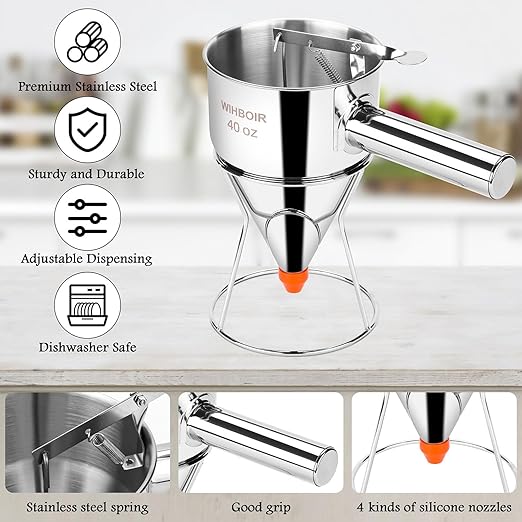 Stainless Steel Pancake Batter Dispenser with Squeeze Handle and Multi-Nozzle, for Pancakes, Cupcakes, and Baked Goods. 40 oz
