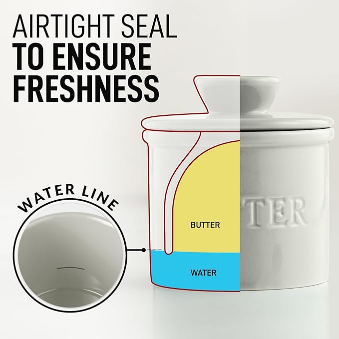 Zulay Kitchen Butter Crock With Lid & Spreader Knife for Countertop - Ceramic French Butter Dish Keeper For Fresh & Spreadable Butter - Light Gray