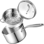 3.5 Quart Stainless Steel Saucepan with Steamer Basket, Tri-ply Full Body, Multipurpose Sauce Pot with Two-Size Drainage Holes Lid, Perfect For Boiling Gravies, Pasta, Noodles