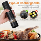 Electric Pepper Grinder and Salt Mill Set - Dual Pack Rechargeable with Storage Base, Adjustable Coarseness, Type-C Charging, Each 40ml Capacity for Kitchen, Travel & Gift