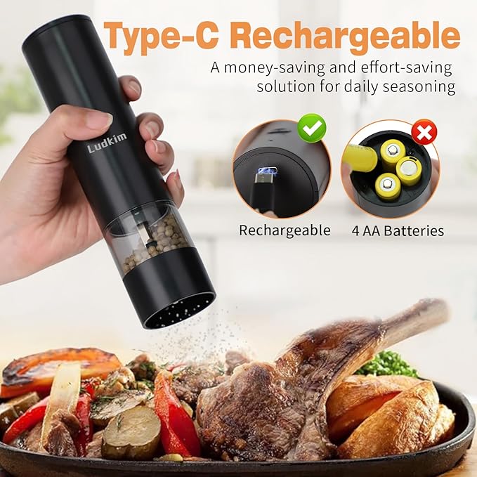 Electric Pepper Grinder and Salt Mill Set - Dual Pack Rechargeable with Storage Base, Adjustable Coarseness, Type-C Charging, Each 40ml Capacity for Kitchen, Travel & Gift