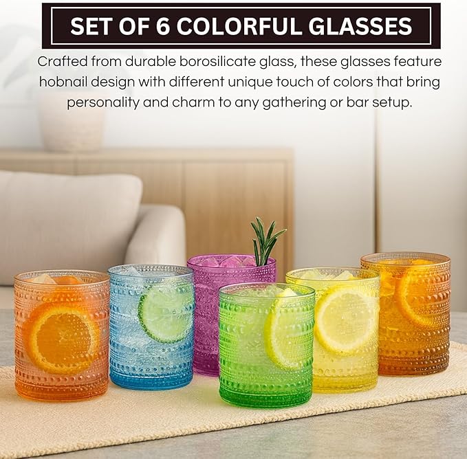 Khen Hobnail Drinking Glasses - Colorful Tumblers, 10 oz Drinkware for Parties, Brunches, BBQs, Picnics & Gifts - Cups for Cocktails, Iced Tea & Juice - BPA-Free - Set of 6, Summer Colors