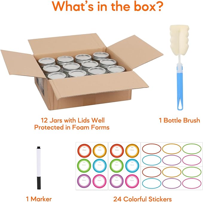 Mason Jars 8 oz with Lids&Bands 12Pack, Small Canning Jars 8 oz - Glass Jars with Lids for Oats/Jelly/Jams/Crafts/Candles