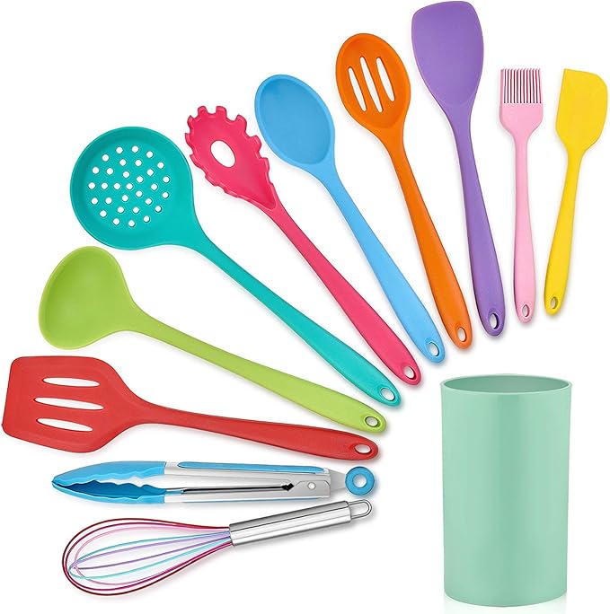 LIANYU 12-Piece Silicone Kitchen Cooking Utensils with Holder, Kitchen Tools Set Include Slotted Spatula Spoon Turner Ladle Tong Whisk, Dishwasher Safe, Multi Colored