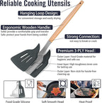 P&P CHEF Silicone Cooking Utensils Set, 8-Piece Kitchen Cooking Utensil with Wooden Handle, Silicone Spatula for Nonstick Cookware, Heat-proof & Easy Clean, Gray