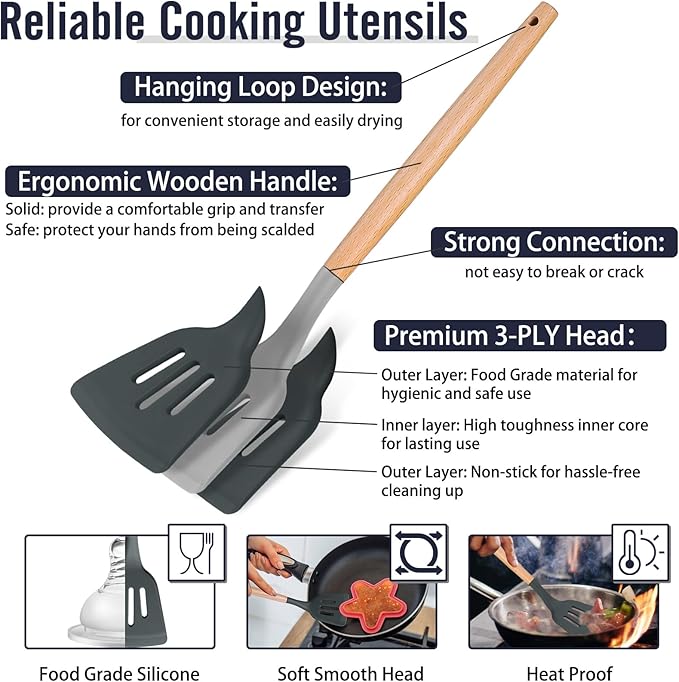 P&P CHEF Silicone Cooking Utensils Set, 12PCS Kitchen Utensils Set with Wooden Handle for Nonstick Cookware, Ladle, Spoon, Spatula, Tong, Heat-resistant & Non-scratch, Non Smell & Healthy, Gray