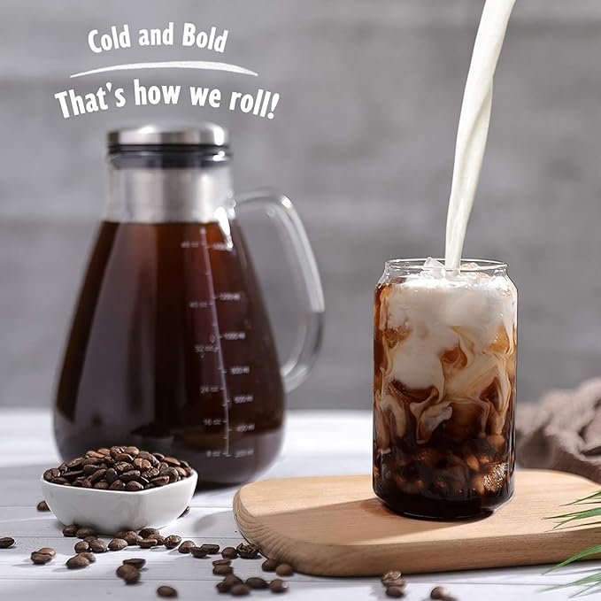 Cold Brew Iced Coffee Maker 51oz, Brewed Coffee Pot with Removable Double Mesh 304 Stainless Steel Filter, BPA-Free Cold Brew Pitcher Glass Container, Tea Maker