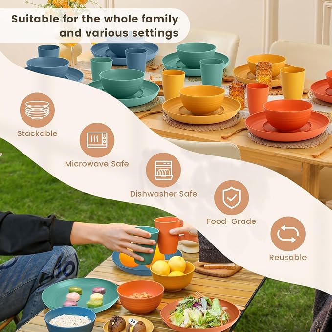 Homienly Dinnerware Set 32-Piece Wheat Straw Dinnerware Sets Unbreakable Reusable Dinnerware Set Kitchen Cups Plates and Bowls Sets, Microwave and Dishwasher Safe Dishes for Camping, Outdoor-Colorful