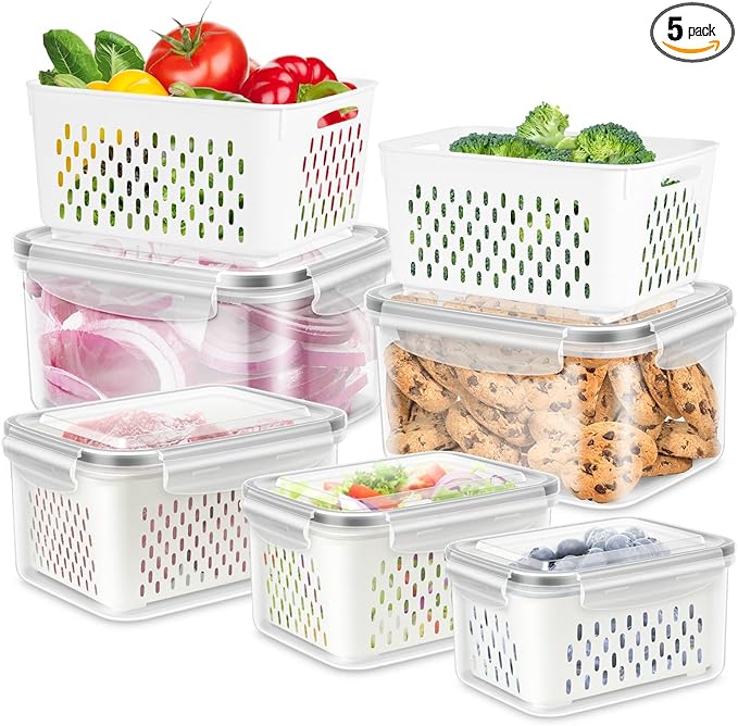5 Pack Fruit Storage Containers for Fridge, Produce Saver Vegetable Container with Drain Colanders - Refrigerator Organizer for Lettuce Keepers Berry Container