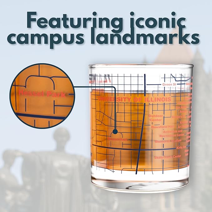 Greenline Goods – University of Illinois Fighting Illini College Whiskey Glasses (Set of 2), 10 oz – Full-Color Logo + Campus Map