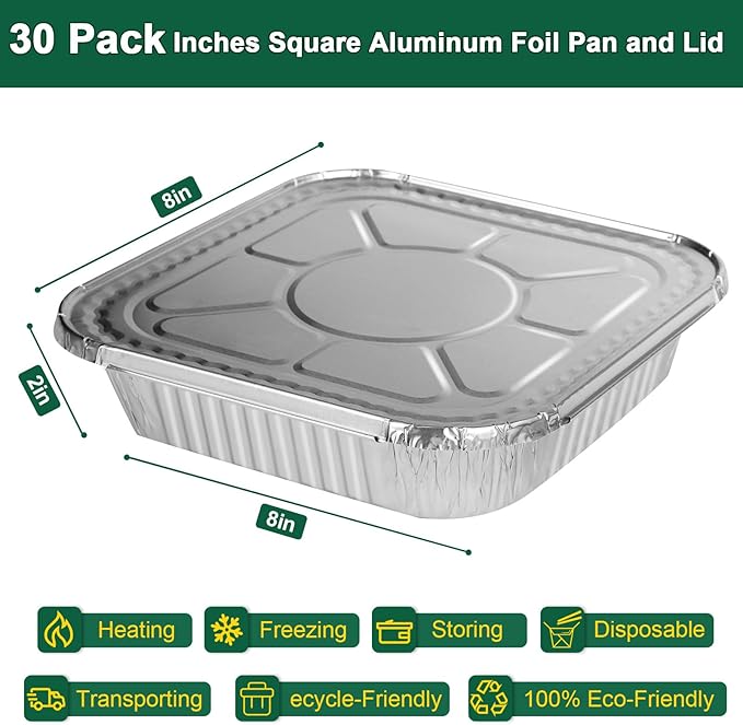 8x8 Aluminum Pans with Lids - 30 Pack Disposable Baking Square Aluminum Foil Pans with Covers - Tin Foil Pans for Air Fryer, Oven, Cooking