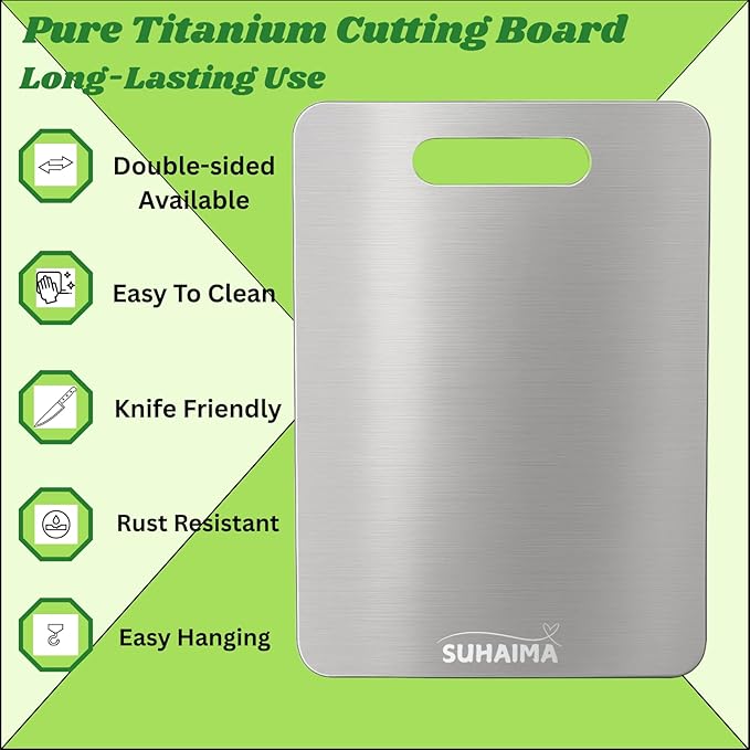 Titanium Cutting Board for Kitchen, Double Sided Food-Grade Stainless Steel Cutting Boards, Durable Rust Resistant & Dishwasher Safe, With Hook, (Size, 13.18" L x 9" W)