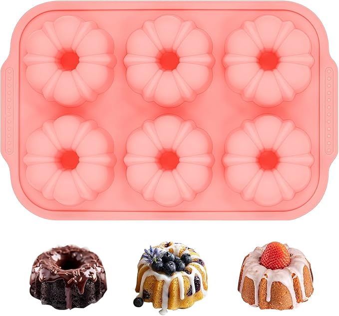 Mini Fluted Tube Cake Pans for Baking with Metal Reinforced Frame, 2Pcs Silicone 6-Cavity Mini Flan Molds, Nonstick Baking Mold for Cupcake, Brownie, Donuts, Cornbread, Jello