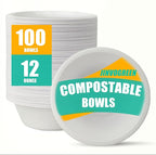 100 Count 12 oz Paper Bowls, Disposable Compostable Bowls, Heavy Duty Biodegradable Bagasse Bowl for Snacks, Soup, and Salads, White