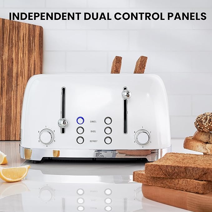 Roter Mond 4 Slice Toaster Retro Stainless Steel with Bagel Defrost Cancel Function, 6 Browning Settings, Extre Wide Slot and Removable Crumb Tray, White, ST033
