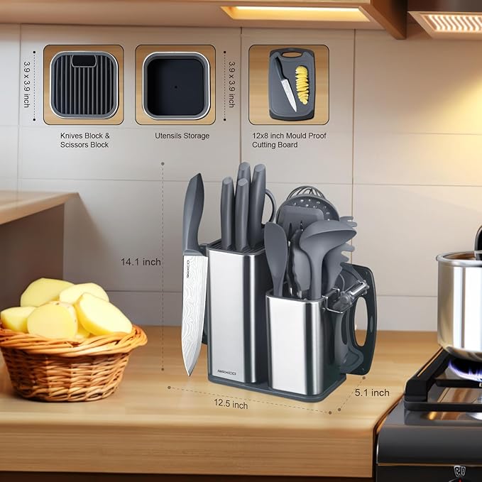 RAXCO Cooking Utensils Set,18-Piece Damascus Texture Knifes and Kitchen Gadgets,Integrated Storage,Grey