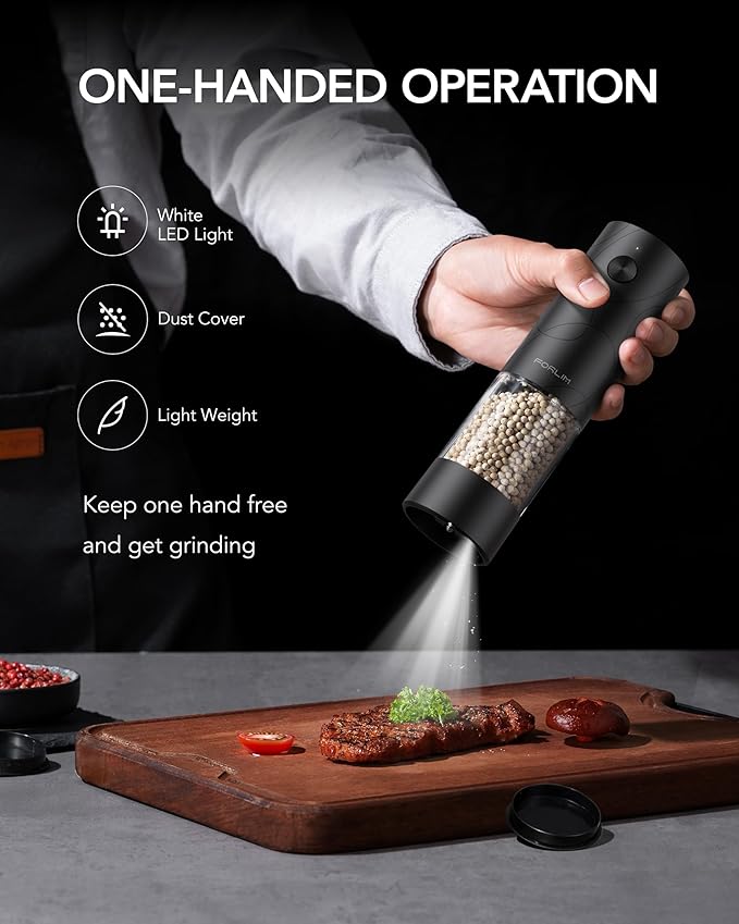 FORLIM Electric Salt and Pepper Grinder Set, USB Rechargeable, Automatic Salt Pepper Mill Grinder with Dust Cover, One-Button Control, Adjustable Coarseness, White LED Light (2 Packs, Black&White)