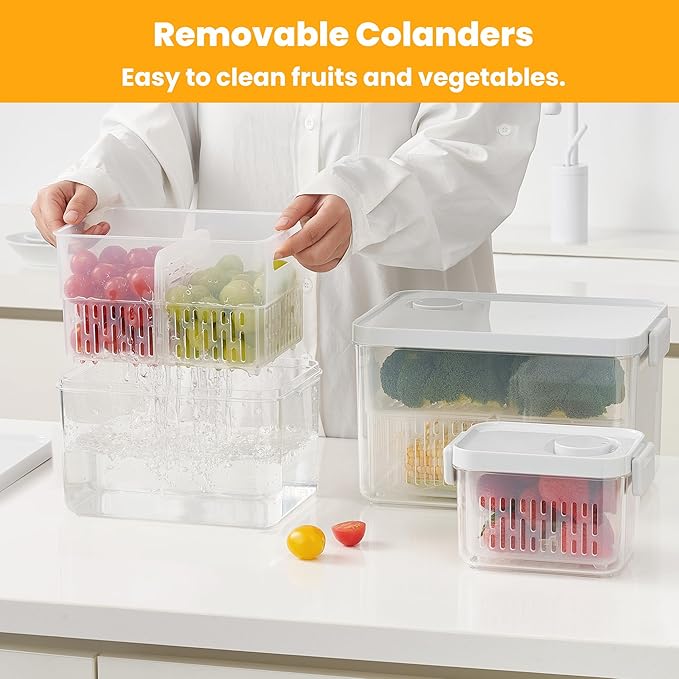 vacane Produce Saver, Fruit Storage Containers Produce Containers Berry Containers with Colanders, 3.8 Cup