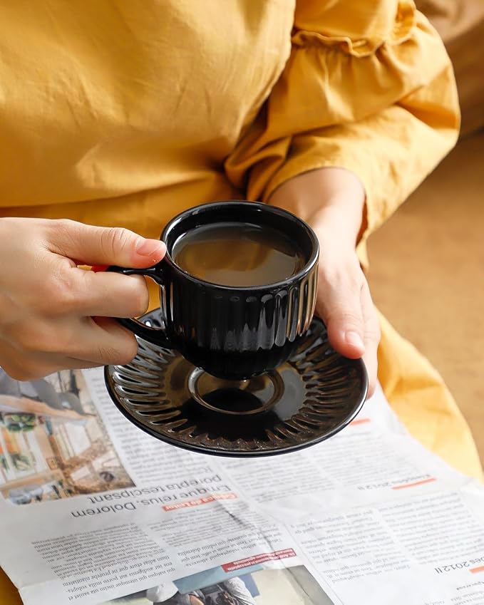 Hasense 6 Oz Cappuccino Cups with Saucers Ceramic, Ribbed Espresso Cups Set of 4 for Coffee,Tea,Latte and Macchiato, Aesthetic Gift for Anniversary or Holiday, Black