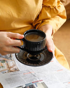 Hasense 6 Oz Cappuccino Cups with Saucers Ceramic, Ribbed Espresso Cups Set of 4 for Coffee,Tea,Latte and Macchiato, Aesthetic Gift for Anniversary or Holiday, Black