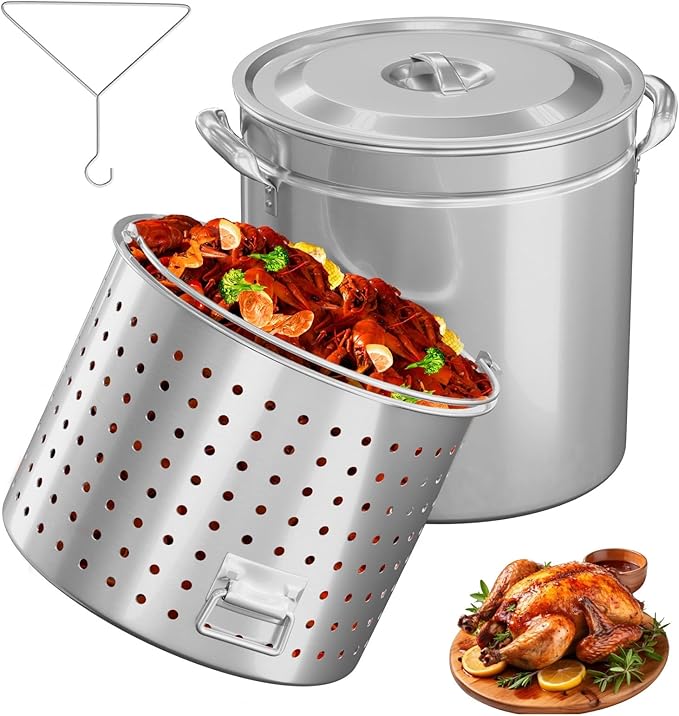 ROVSUN 102-Quart Stainless Steel Turkey Fryer & Seafood Boil Pot with Basket, Lid & Hook, Large Stock Pot for Outdoor Cooking of Turkey, Crawfish, Crab, Lobster & Shrimp
