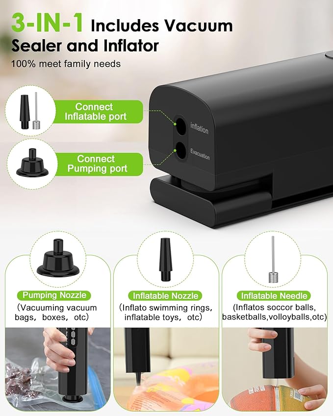 Small Magnetic Vacuum Sealer for Food, 62 Kpa Strong Suction, 3-in-1 Cordless Rechargeable Food Sealer with 1 Vacuum Bag & 4 Snack Bags, Heat Sealer, Inflation Pump for Balls/Swim Ring - Black