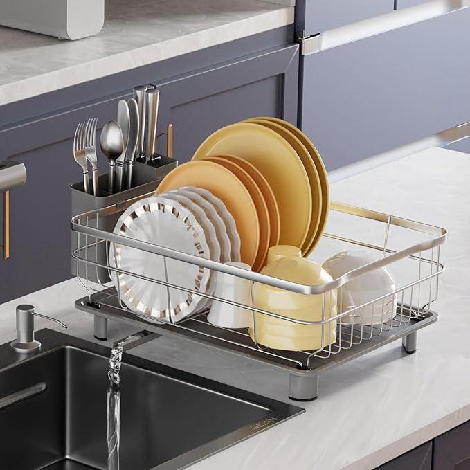 Stainless Steel Dish Drying Rack with Drainboard Dish Drainers for Kitchen Counter Extendable Spout Strainers with Utensil Holder and Knife Slots, Grey