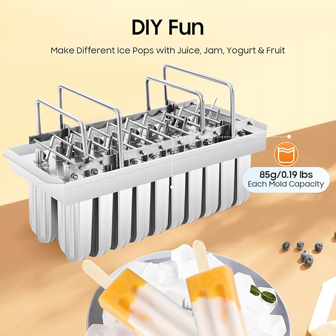 20PCS Commercial Popsicle Molds Heavy Duty Stainless Steel Popsicle Maker Kit with Brush & Sticks, 85g Capacity per Slot, DIY Yogurt Ice Cream Tools for Home Restaurants (Round Head Double Groove)