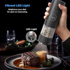 T&J's Upgraded Larger Capacity Electric Salt and Pepper Grinder Set Rechargeable (2 Pack) One Hand Operation with Storage Base, Five-Level Adjustable Coarseness and Warm LED Light, Black