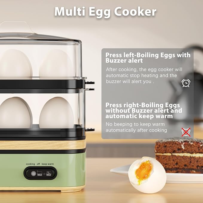 Evoloop Rapid Egg Cooker Electric 12 Eggs Capacity, Soft, Medium, Hard Boiled, Poached, Omelet Maker Egg Poacher & Vegetable Steamer, BPA Free Tray（Green）