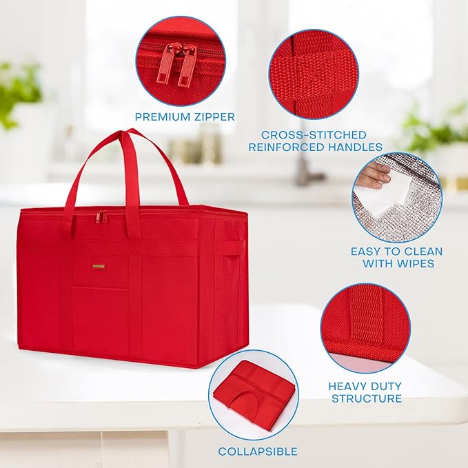 JUNGYOON 2-Pack Heavy-Duty Insulated Grocery Bags & Food Delivery Bag – Collapsible Cooler Bag with Zippered Top | Reusable Shopping Bags for Groceries, Picnics, Easy Storage(XL Red)