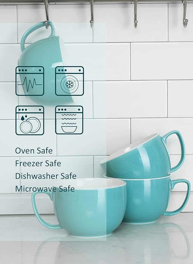 Teocera 24 oz Soup Bowls with Handles, Porcelain Large Coffee Mug Set, Jumbo Mugs, Soup Bowls Mugs set of 4 for Coffee, Oatmeal, Stew - Striped Design, Turquoise