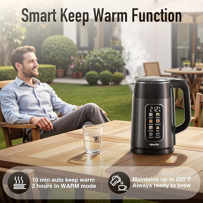 Mecity Electric Kettle 1.7L Touch Screen Temperature Control Water Boiler, No Plastic Contact with Water. 6 Preset Temperature Programs, 2 Hours Keep Warm, Dark Grey