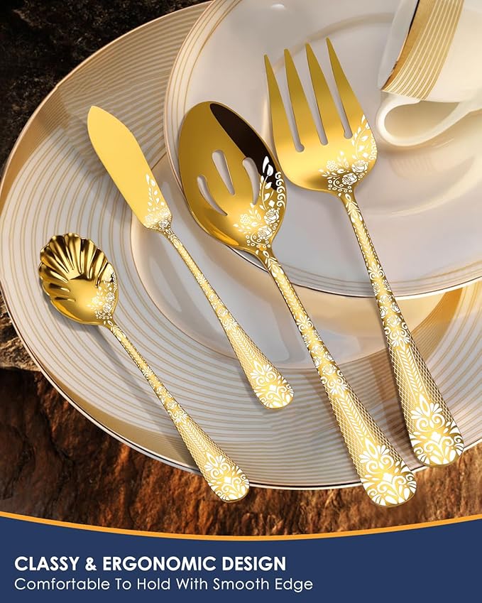 EUIRIO 53-Piece Gold Silverware Set with Serving Utensils, Gold Flatware Set for 8, Stainless Steel Mirror Cutlery Set, Spoons Forks Knives with Unique Floral Laser, Tableware Set, Dishwasher Safe