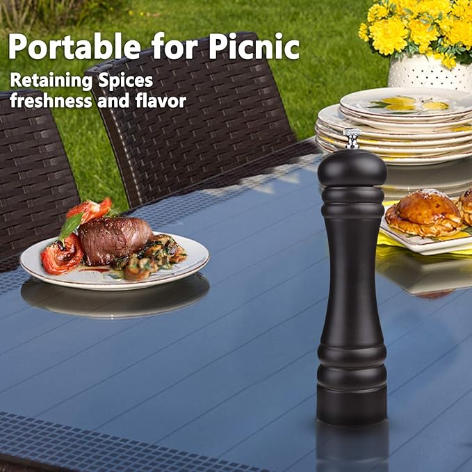 Pepper Mill Black 12 Inch Tall Large Pepper Grinder Mill Wood Refillable Stainless Steel Metal Mechanism Adjustable Coarseness