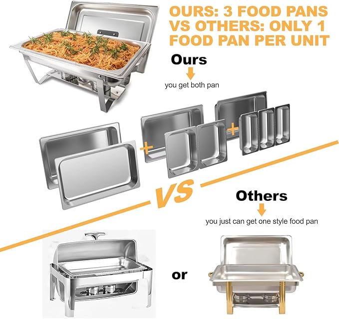 4 Pack 8QT Rectangular Chafing Dish Buffet Set Stainless Steel Catering Chafers Food Warmer with Full,Half,1/3 Food Pan,Fuel Holder,Foldable Frame For Weddings/Parties/Banquets Events