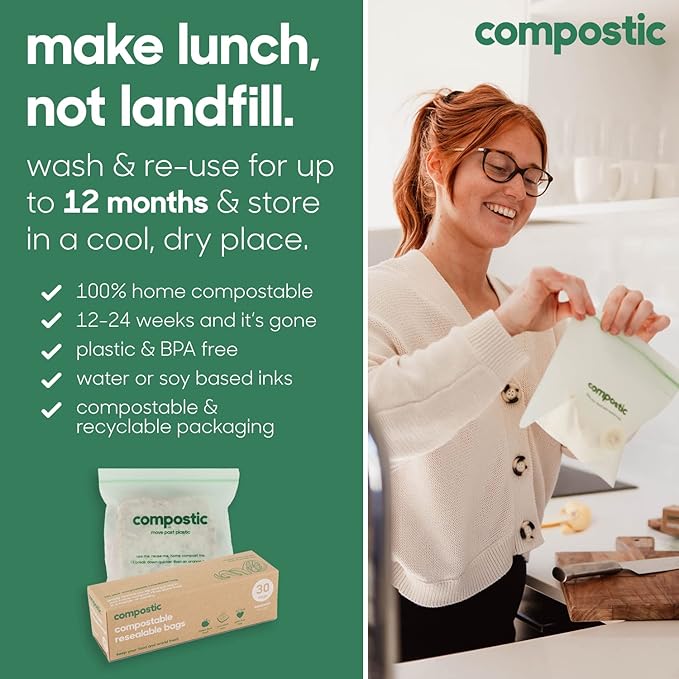 Home Compostable Resealable Sandwich Bags (7"x7"), Microwave & Freezer Safe, Organic Food Storage Container, 30 Count (Pack of 2)