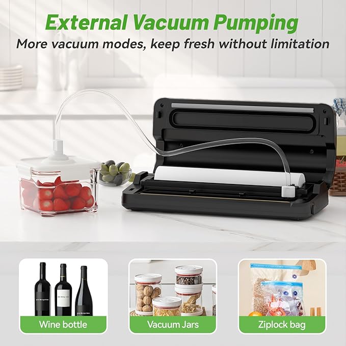 Vacuum Sealer Machine, 90Kpa 7-IN-1 Vacuum Sealer for Food Dry/Moist/Gentle Mode with Build-in Cutter and Storage, Food Vacuum Sealer Machine Tempered Glass Panel with Vacuum Bags, Vaccum Hose